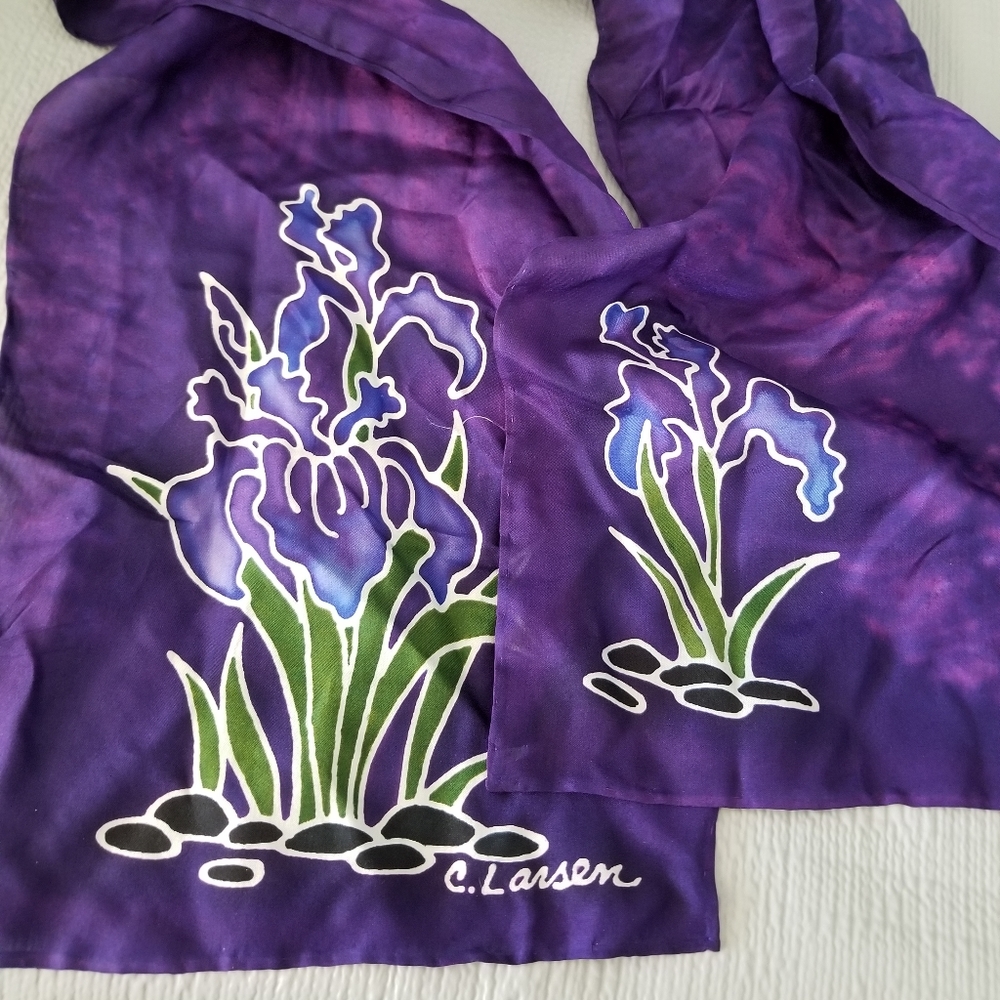 Chelline Larsen Fine Art  Hand Painted Purple Floral Iris Silk Scarf 52"